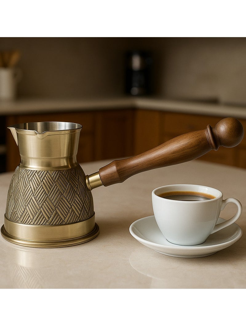 Royal Brass Turkish Coffee Warmer Coffee Pot with Wooden Handle Gold 11 cm - Image 1