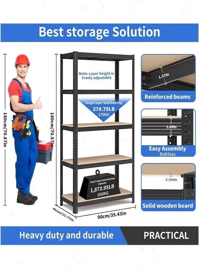 بيوينتي 5 رف معدني جسم تخزين رف منظم 90 × 40 × 180 سم رفوف سعة كبيرة وحدة رفوف معدنية ثقيلة للمراج مطبخ القبو مخزن - Image 3