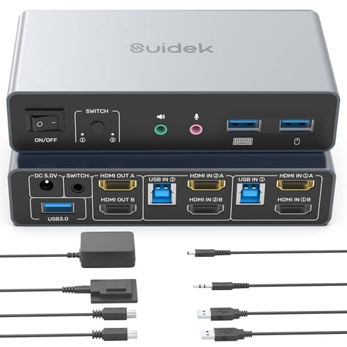 SUIDEK HDMI KVM Switch 2 Monitors 2 Computers, Dual Monitor KVM USB Switcher 4K@60Hz, HDMI Extended/Mirror Display for 2 PC Share 2 Monitors, with 3 USB 3.0 Port, Desktop Controller and 2 USB Cables - Image 1
