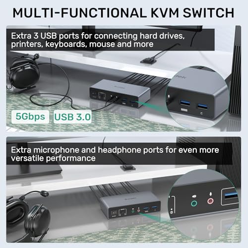 SUIDEK HDMI KVM Switch 2 Monitors 2 Computers, Dual Monitor KVM USB Switcher 4K@60Hz, HDMI Extended/Mirror Display for 2 PC Share 2 Monitors, with 3 USB 3.0 Port, Desktop Controller and 2 USB Cables - Image 4