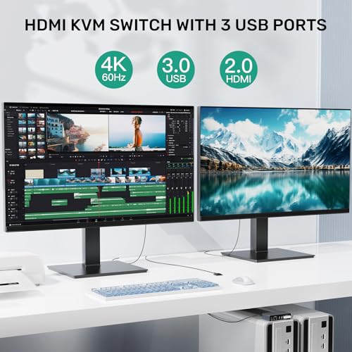SUIDEK HDMI KVM Switch 2 Monitors 2 Computers, Dual Monitor KVM USB Switcher 4K@60Hz, HDMI Extended/Mirror Display for 2 PC Share 2 Monitors, with 3 USB 3.0 Port, Desktop Controller and 2 USB Cables - Image 3