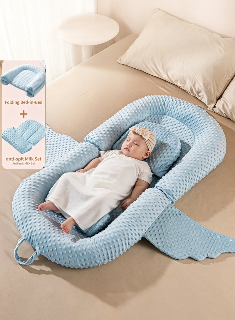 Bybeo Baby Lounger Nest for Newborn, Foldable Infant Lounger Set with Head Pillow & Leg Support Cushion, 3D Minky Dot Fabric, Breathable Double-Sided Baby Nest, Removable Washable Cover, Portable for Home Travel, Blue 96x45cm - Image 1