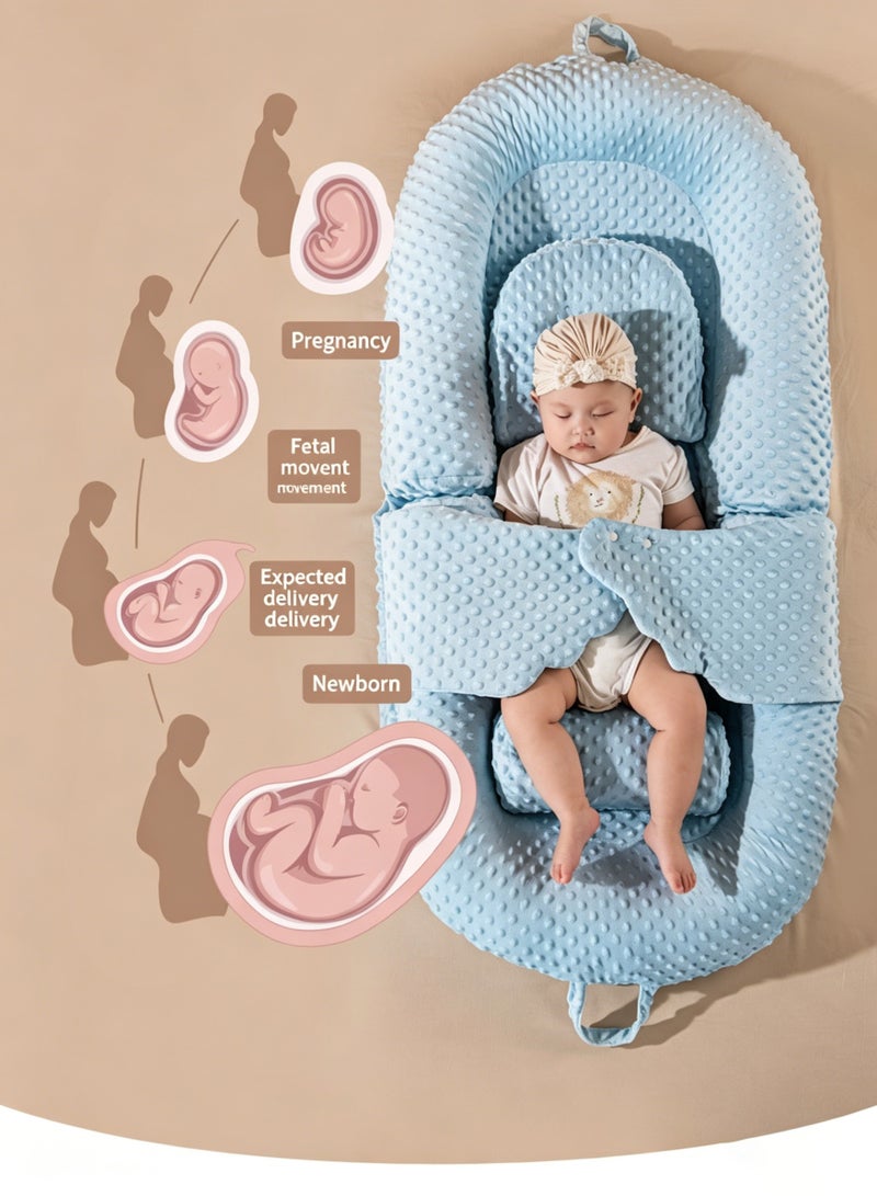 Bybeo Baby Lounger Nest for Newborn, Foldable Infant Lounger Set with Head Pillow & Leg Support Cushion, 3D Minky Dot Fabric, Breathable Double-Sided Baby Nest, Removable Washable Cover, Portable for Home Travel, Blue 96x45cm - Image 2