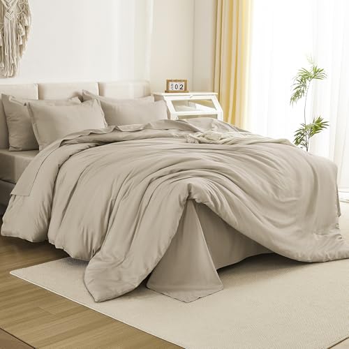 Litanika Super King Comforter Set Oatmeal - 7 Pieces Bed in a Bag Oversized King Bedding Comforter Sets, Solid Lightweight Bed Set with Comforter, Sheets, Pillowcases & Shams - Image 2