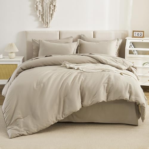 Litanika Super King Comforter Set Oatmeal - 7 Pieces Bed in a Bag Oversized King Bedding Comforter Sets, Solid Lightweight Bed Set with Comforter, Sheets, Pillowcases & Shams - Image 1