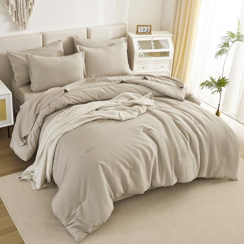 Litanika Super King Comforter Set Oatmeal - 7 Pieces Bed in a Bag Oversized King Bedding Comforter Sets, Solid Lightweight Bed Set with Comforter, Sheets, Pillowcases & Shams - Image 3
