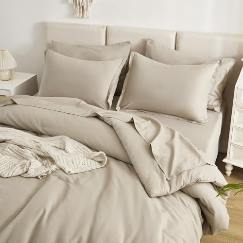 Litanika Super King Comforter Set Oatmeal - 7 Pieces Bed in a Bag Oversized King Bedding Comforter Sets, Solid Lightweight Bed Set with Comforter, Sheets, Pillowcases & Shams - Image 4