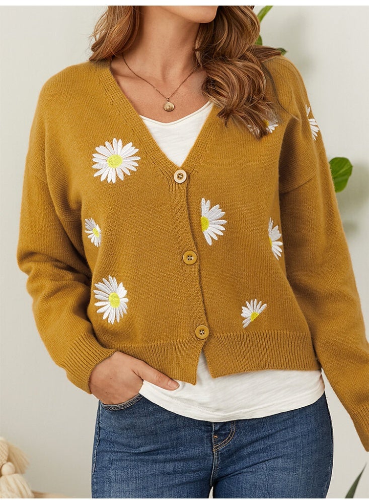 NIBEMINENT Women Knitted Cardigan Floral V Neck Full Sleeve Coat Single Breasted Sweaters Jumpers Open Stitch Autumn Winter - Image 2