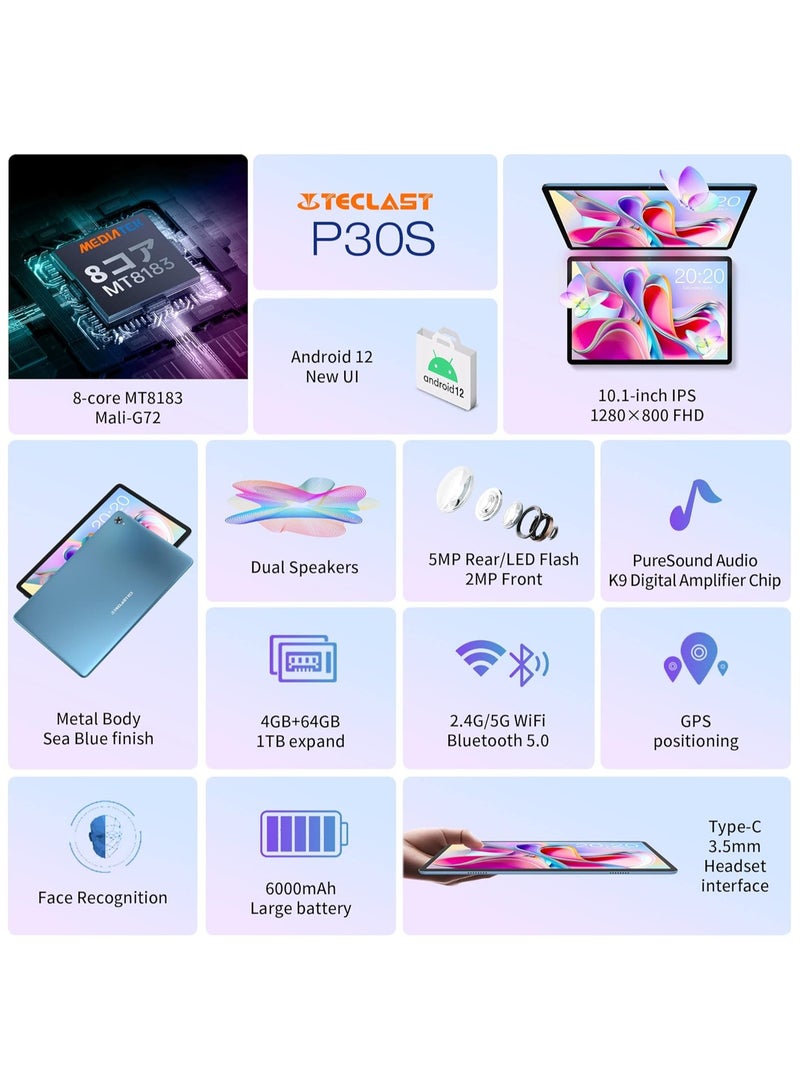 Teclast P30S Tablet 10.1 Inch 1280x800 IPS Android 12 4GB RAM 64GB ROM MT8183 8 cores GPS Type-C 6000mah Metal - Image 4