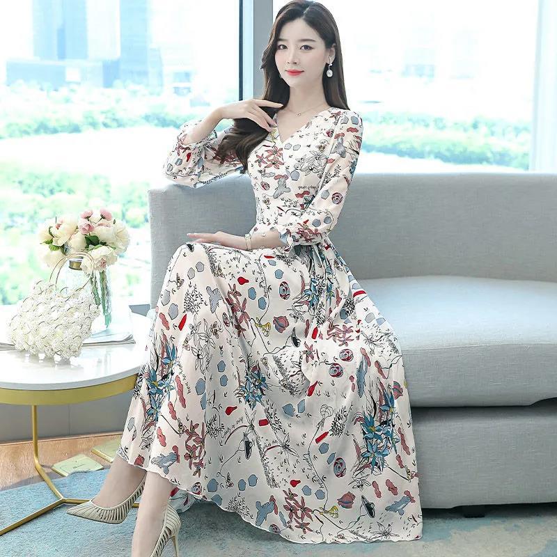 Floral Large Swing Skirt Spring and Autumn Slim Fit Flared Sleeve V-Neck Temperament Dress Mother's Large Size A-line Skirt Women Navy 3XL - Image 4
