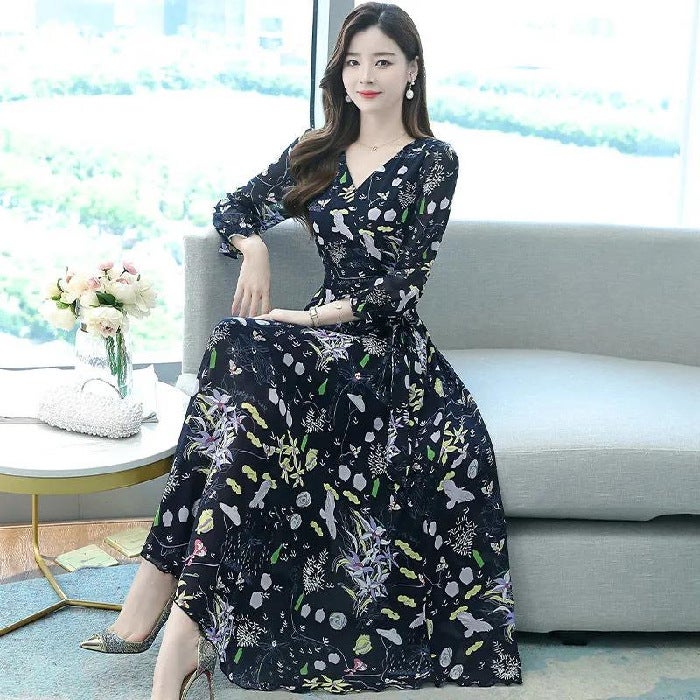 Floral Large Swing Skirt Spring and Autumn Slim Fit Flared Sleeve V-Neck Temperament Dress Mother's Large Size A-line Skirt Women Navy 3XL - Image 1