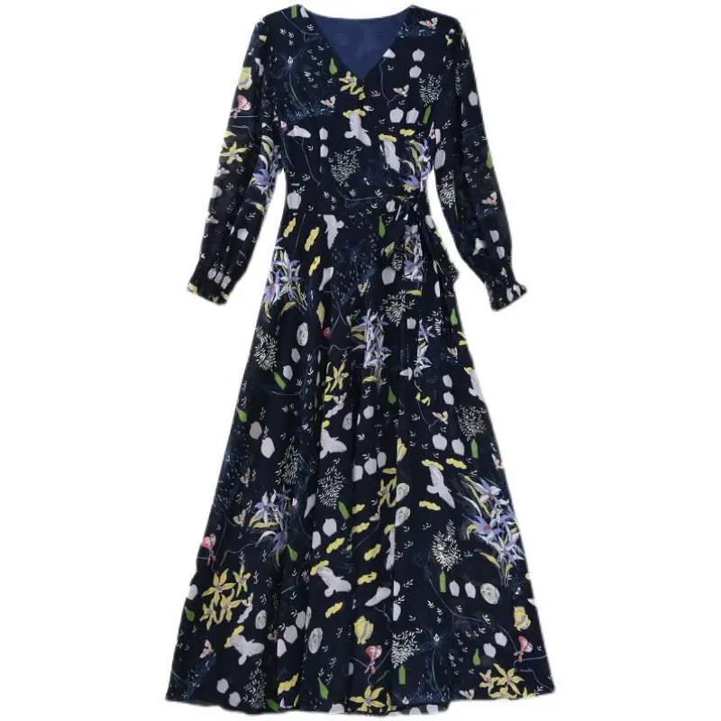 Floral Large Swing Skirt Spring and Autumn Slim Fit Flared Sleeve V-Neck Temperament Dress Mother's Large Size A-line Skirt Women Navy 3XL - Image 2
