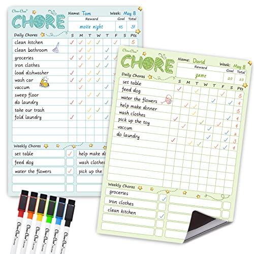 Clever Clean Magnetic Dry Erase Chore Chart - 8.5"x12" Behavior Responsibility Chore Board for Kids, Teenagers - 6 Extra Fine Point Markers Included - Shipped Flat 2 Pcs Blue & Green - Image 1