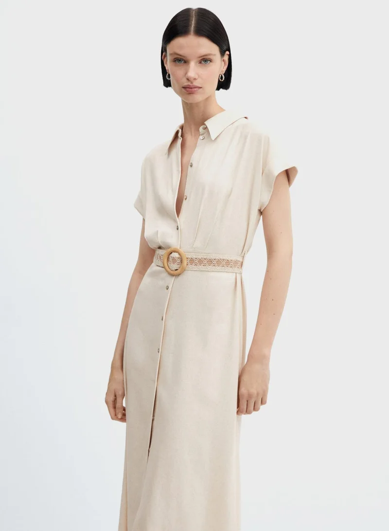 MANGO Belted Linen Midi Dress