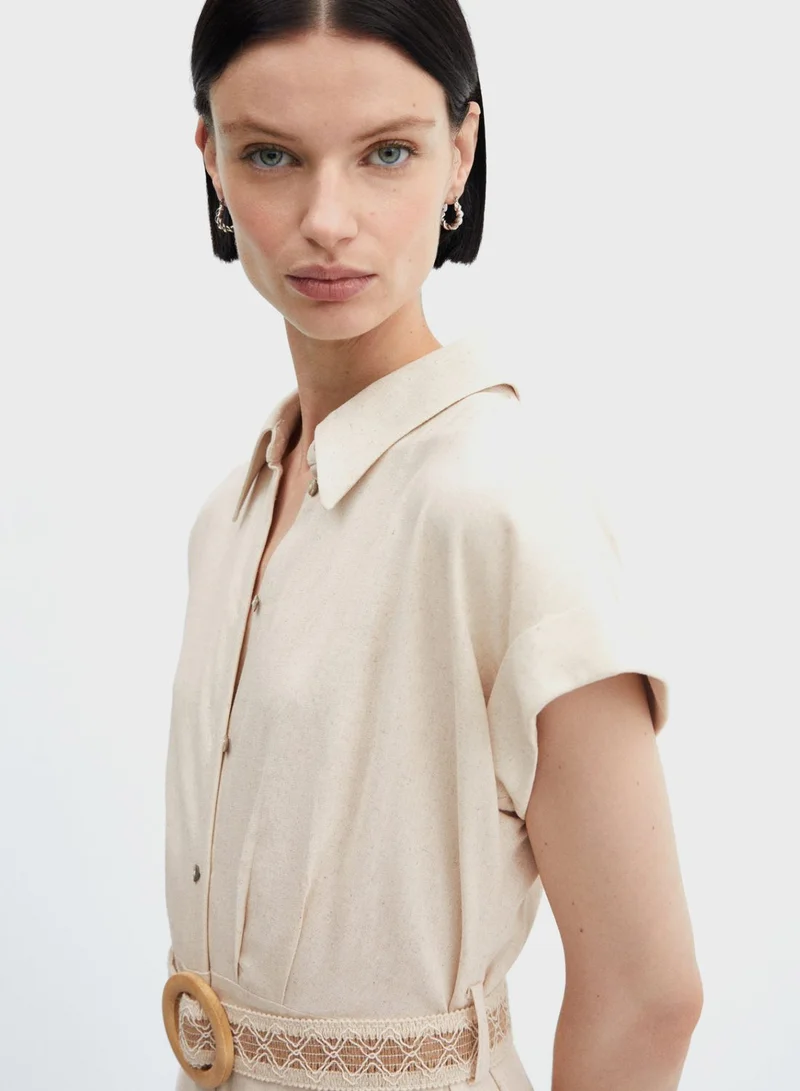 MANGO Belted Linen Midi Dress