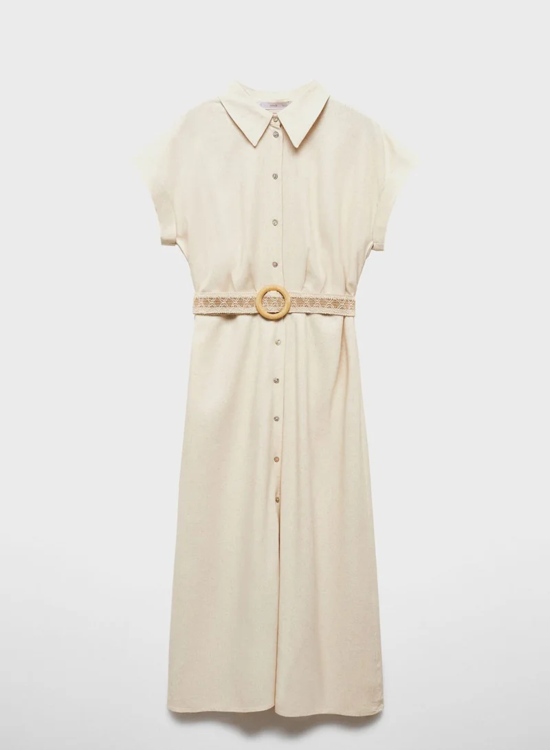 MANGO Belted Linen Midi Dress