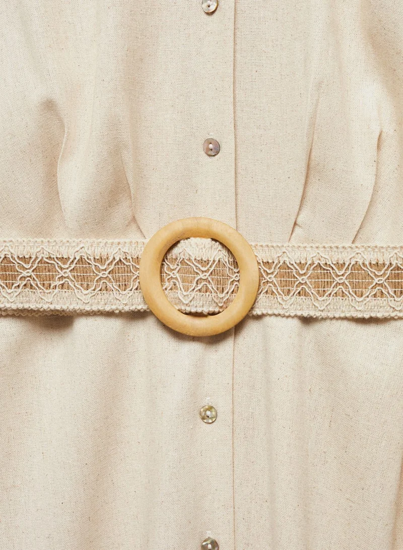 MANGO Belted Linen Midi Dress
