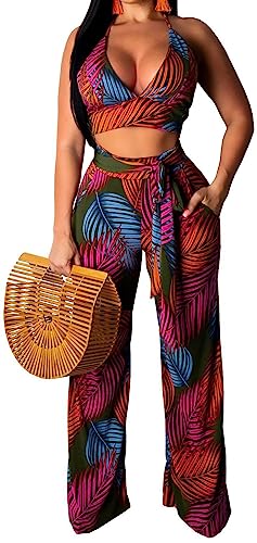 sexycherry Two Piece Outfits for Women Sexy Halter Bandage Top Straight Long Pants Green Vacation Beach Swimwear Cover Ups Sets(Large) - Image 1