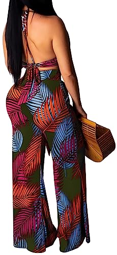 sexycherry Two Piece Outfits for Women Sexy Halter Bandage Top Straight Long Pants Green Vacation Beach Swimwear Cover Ups Sets(Large) - Image 2