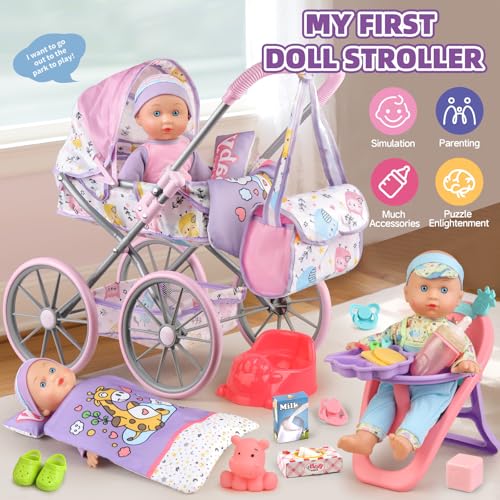 YIYBM Baby Doll Stroller Playset for Girls Toddlers 35 46 57 Year Old to Play House Games Stroller Toy with 125 Baby Doll Dining Chair Quilt Pillow 24 PCS Doll Accessories and 2 Sets Clothes - Image 5