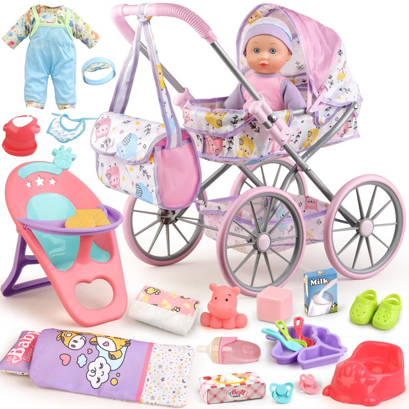 YIYBM Baby Doll Stroller Playset for Girls Toddlers 35 46 57 Year Old to Play House Games Stroller Toy with 125 Baby Doll Dining Chair Quilt Pillow 24 PCS Doll Accessories and 2 Sets Clothes - Image 3