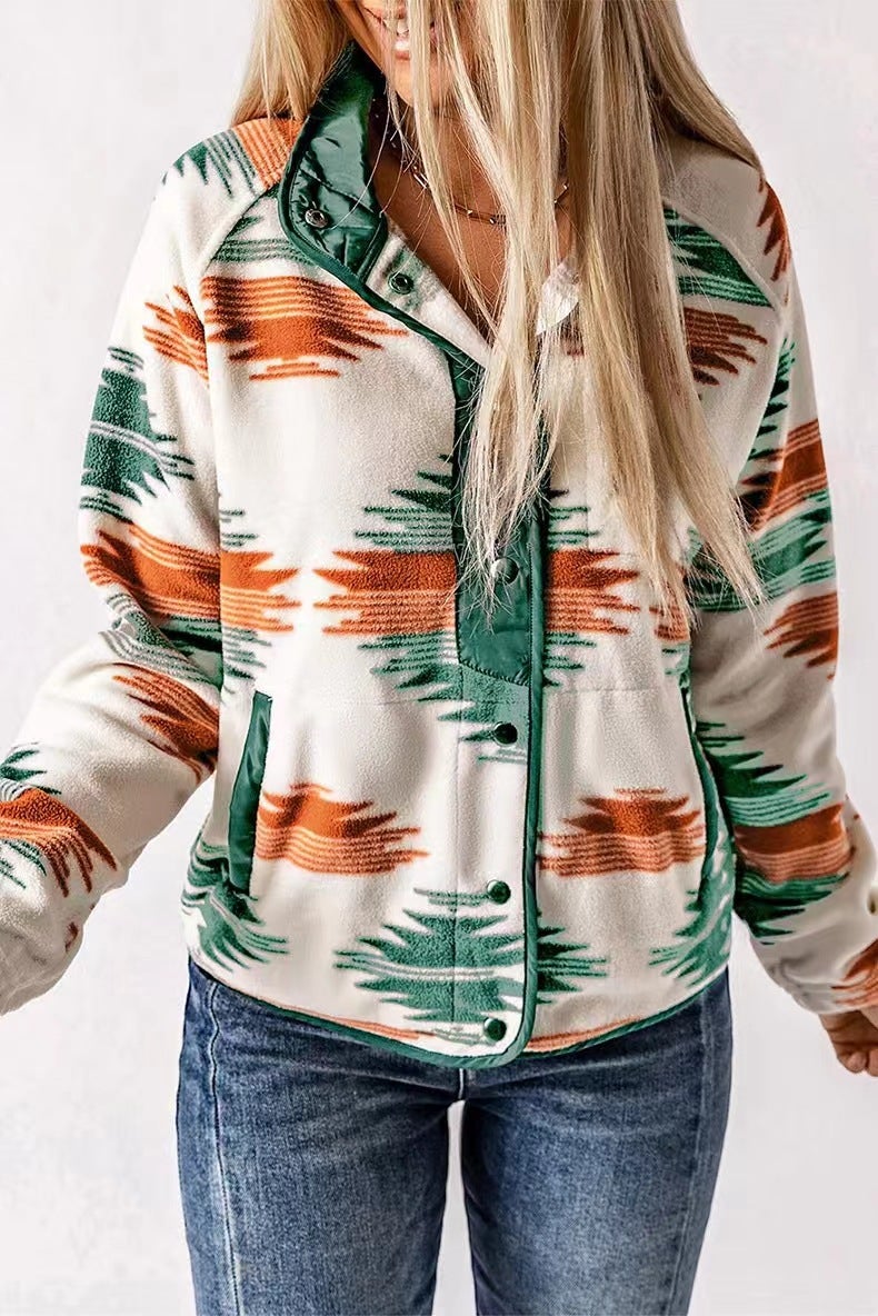 Factory direct supply Ido Europe and the United States winter new womens contrast jacket plush geometric pattern coat 24345 Green  - Image 1