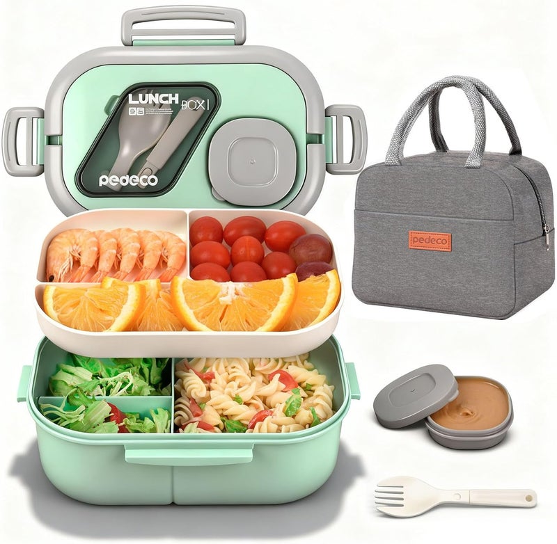 PEDECO All-in-one Bento Lunch Box Set for Adults & Kids with Insulated Bag, Leakproof 3-Compartment and 2-Tier Stackable Container with Portable Sauce Pod, Microwave/Dishwasher Safe, BPA-Free (Green) - Image 1