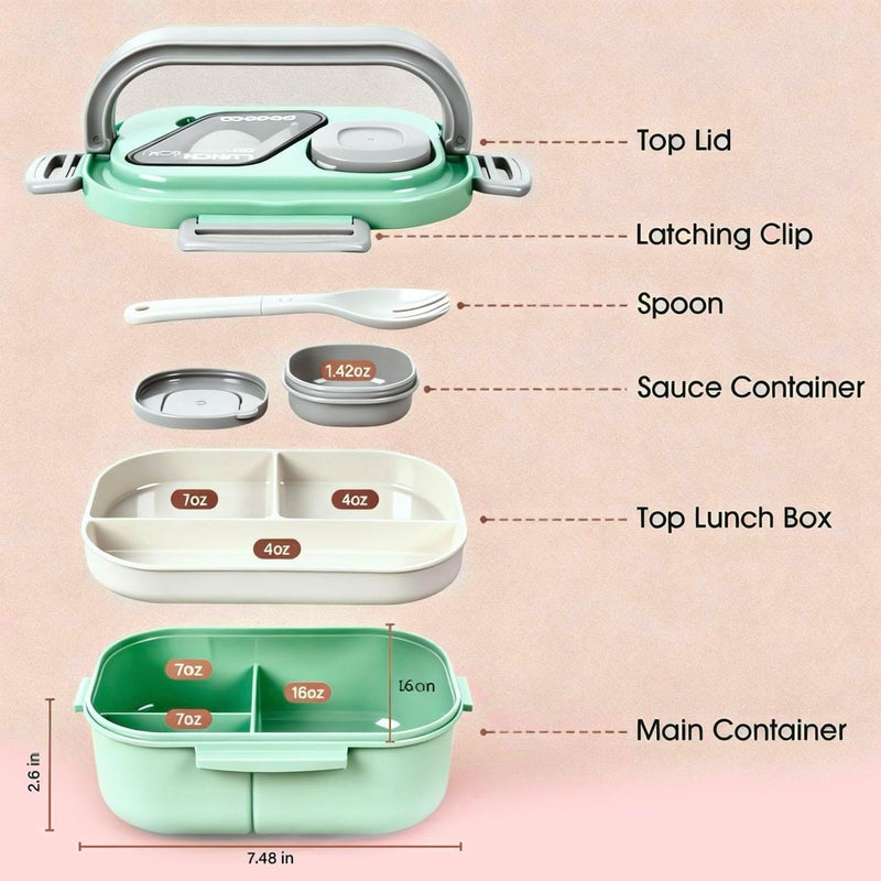 PEDECO All-in-one Bento Lunch Box Set for Adults & Kids with Insulated Bag, Leakproof 3-Compartment and 2-Tier Stackable Container with Portable Sauce Pod, Microwave/Dishwasher Safe, BPA-Free (Green) - Image 2