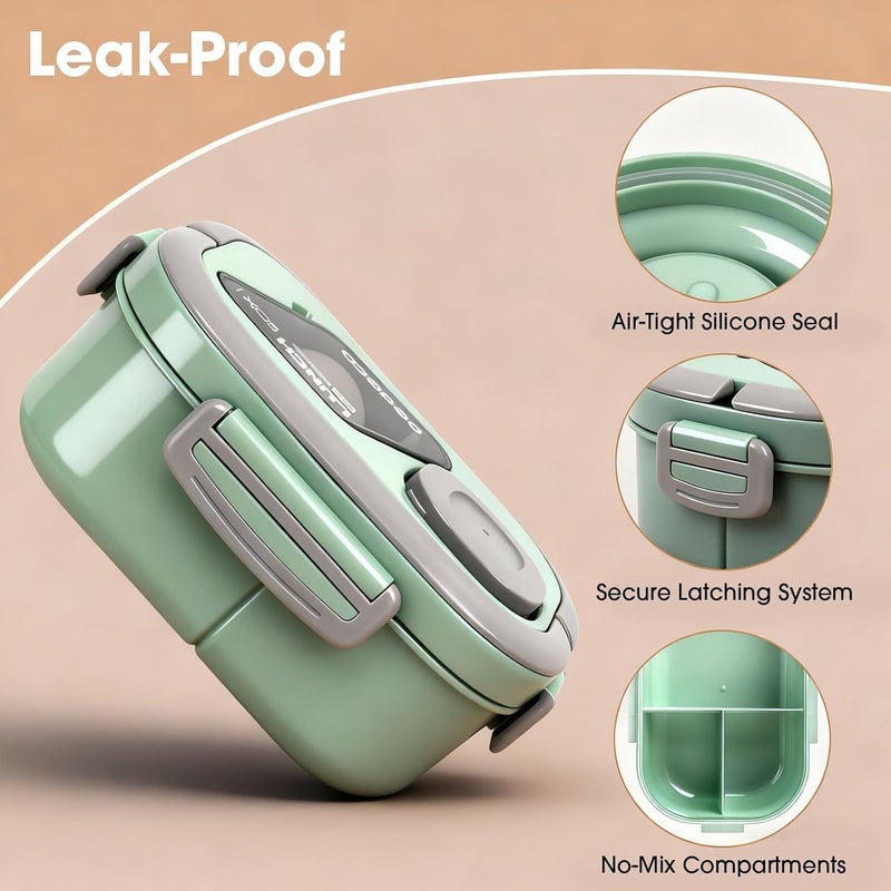 PEDECO All-in-one Bento Lunch Box Set for Adults & Kids with Insulated Bag, Leakproof 3-Compartment and 2-Tier Stackable Container with Portable Sauce Pod, Microwave/Dishwasher Safe, BPA-Free (Green) - Image 3