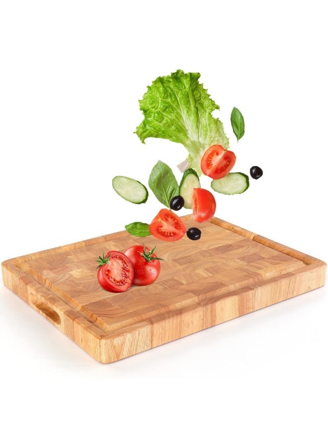لوح تقطيع خشبي بحبيبات نهائية، مزود بمقبض مزدوج الجوانب، وقاعدة مضادة للانزلاق، ومزود بأخدود عصير، ومتين للاستخدام في المطبخ واللحوم والفواكه والخبز. المقاس (40 × 30 × 3.8 سم)
