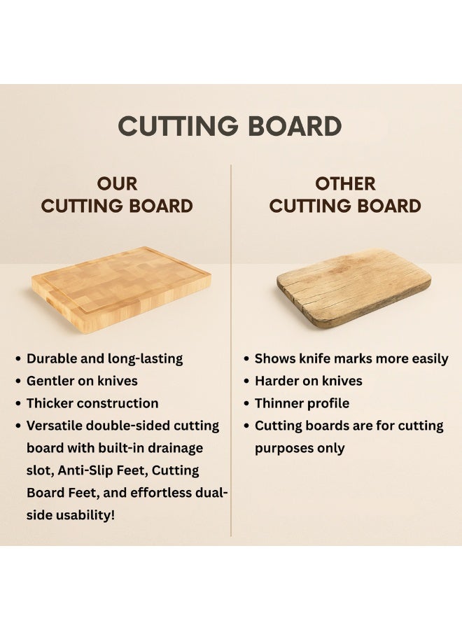 لوح تقطيع خشبي بحبيبات نهائية، مزود بمقبض مزدوج الجوانب، وقاعدة مضادة للانزلاق، ومزود بأخدود عصير، ومتين للاستخدام في المطبخ واللحوم والفواكه والخبز. المقاس (40 × 30 × 3.8 سم)