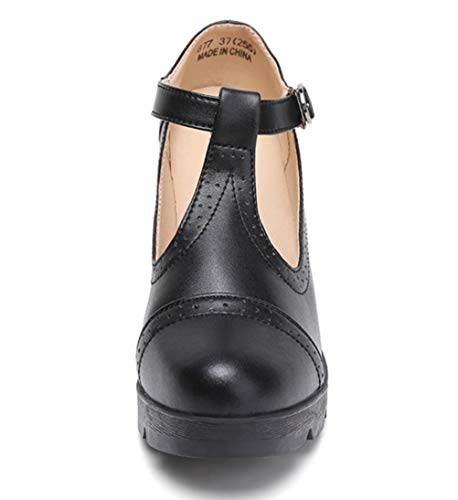 DADAWEN Women's Leather Classic T-Strap Platform Chunky Mid-Heel Mary Jane Square Toe Oxfords Dress Pump Shoes Black US Size 8 - Image 3
