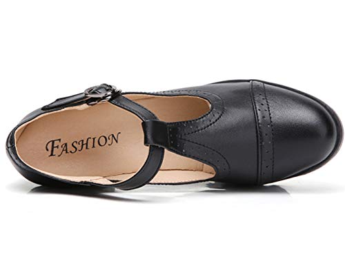 DADAWEN Women's Leather Classic T-Strap Platform Chunky Mid-Heel Mary Jane Square Toe Oxfords Dress Pump Shoes Black US Size 8 - Image 5