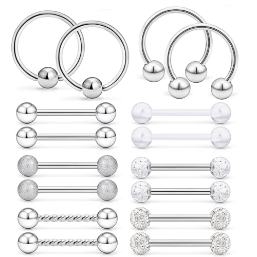 Ftovosyo 16Pcs Tongue Straight Barbell Piercing Jewelry 14G Surgical Steel Tongue Rings Hoop Rings Retainer Piercing Jewelry for Women Men 14MM (9/16 Inch) Silvertone - Image 1