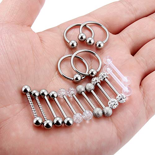 Ftovosyo 16Pcs Tongue Straight Barbell Piercing Jewelry 14G Surgical Steel Tongue Rings Hoop Rings Retainer Piercing Jewelry for Women Men 14MM (9/16 Inch) Silvertone - Image 3