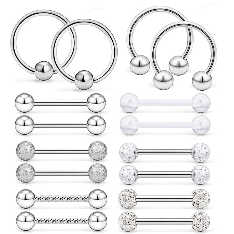 Ftovosyo 16Pcs Tongue Straight Barbell Piercing Jewelry 14G Surgical Steel Tongue Rings Hoop Rings Retainer Piercing Jewelry for Women Men 14MM (9/16 Inch) Silvertone - Image 5