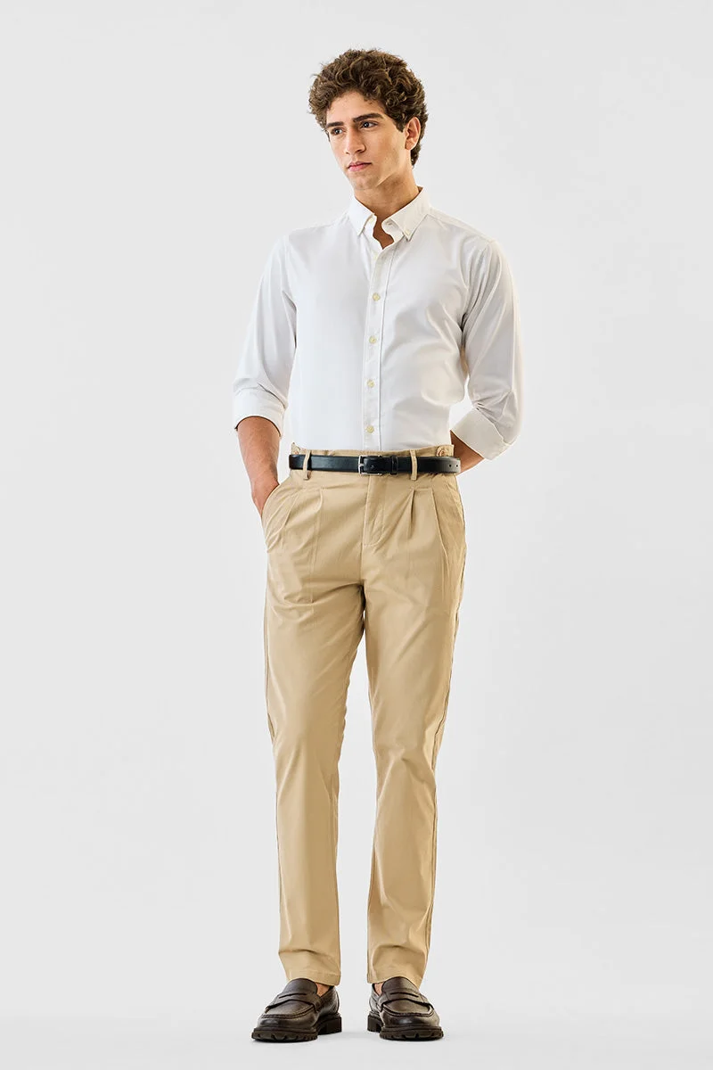 SNITCH Beige Solid Straight Fit Formal Trousers