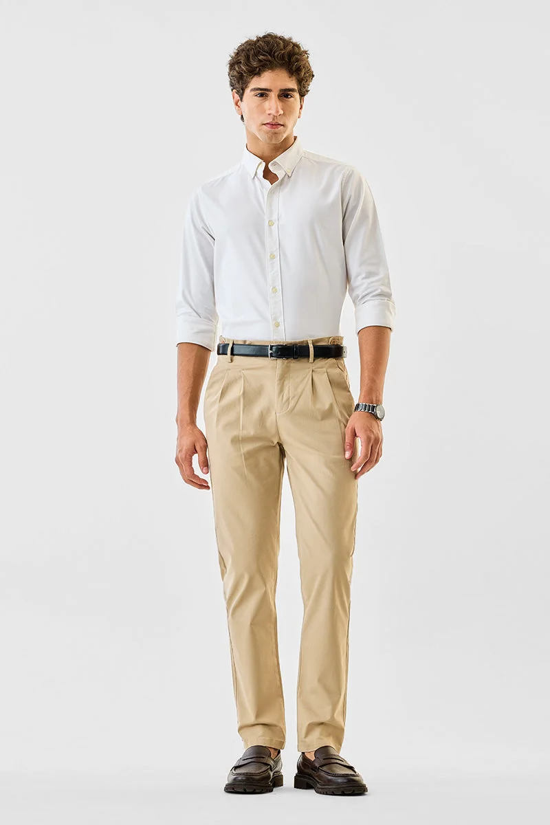 SNITCH Beige Beige Solid Straight Fit Formal Trousers for Men | Best Price UAE