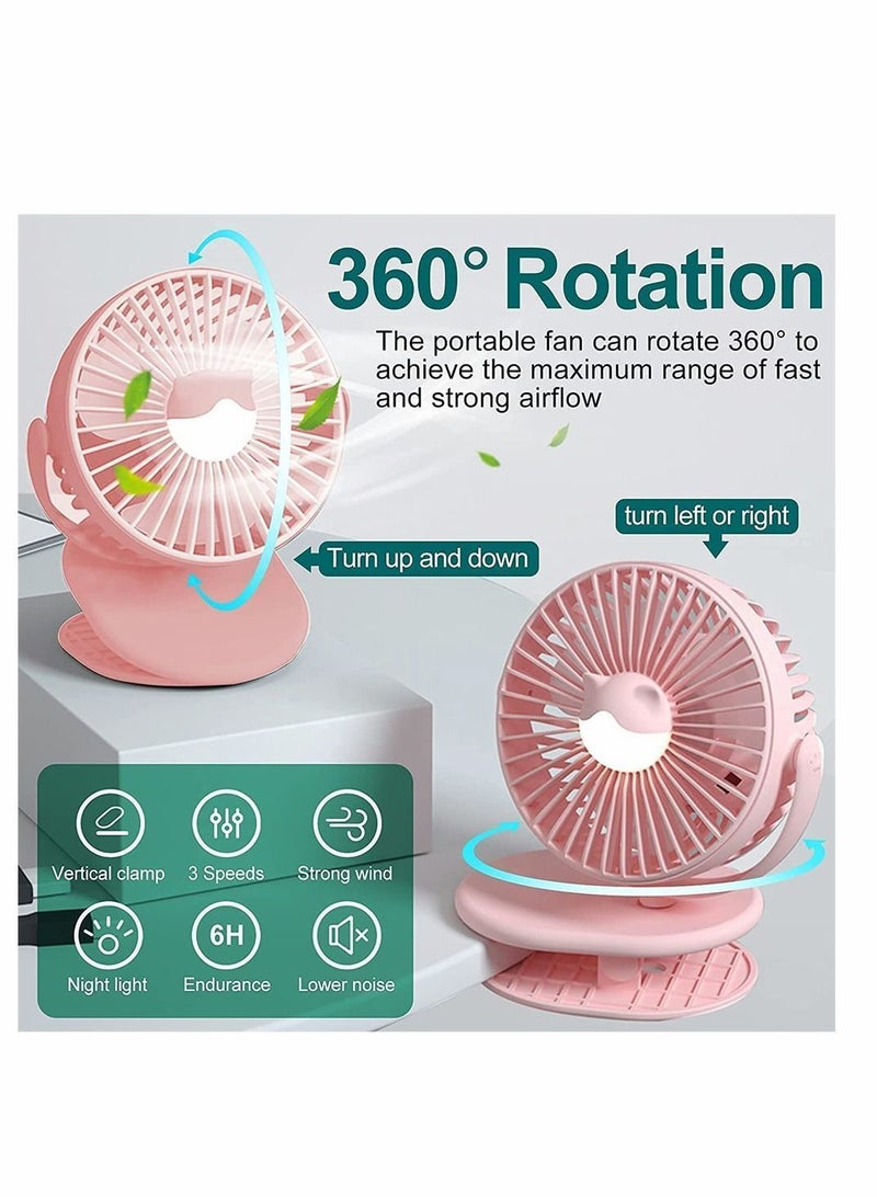 Y&D Rechargeable Clip Fan, Portable Fans, USB Desktop 3 Speed, Quiet Household Table Fans with light, Personal Suitable for Home, Office, Dorm, Baby Stroller, kitchen, Car, Treadmills (Pink) - Image 3