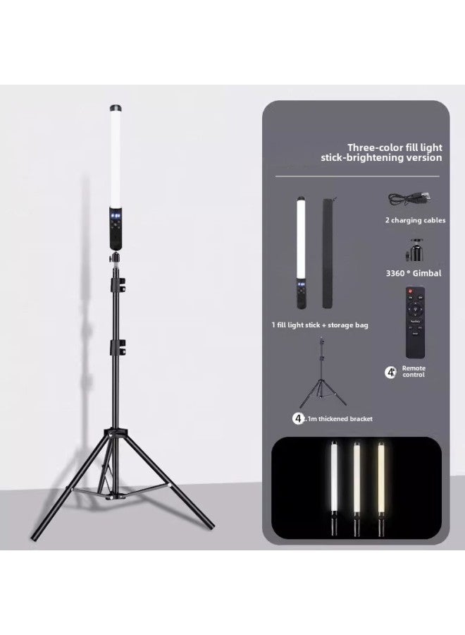 Live Camera LED Fill Light Outdoor Portable Photography Light Indoor RGB Atmosphere Light Handheld Stick Light Fill Light-Light Source Color: (Three Colors Without Baffle + Metal Yuntai +2.1 M Thickened Tripod)  - Image 1