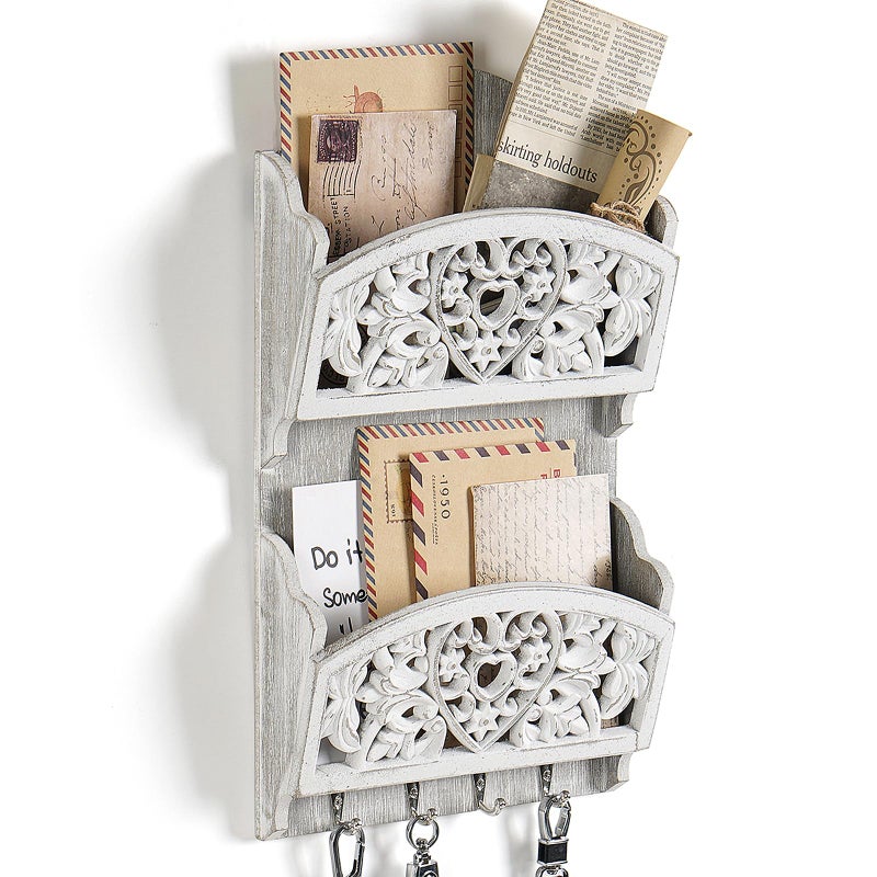 JAZUIHA Mail Organizer with Key Holder2Slot Mail Holder with 4 Key Hooks for Wall Decorative Wooden Hanging Organizer for File Letter in Shelf Home Farmhouse Decor for Entryway Office - Image 2
