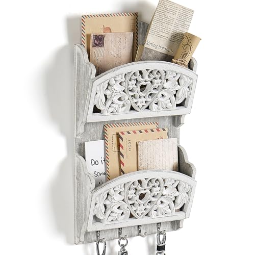 JAZUIHA Mail Organizer with Key Holder2Slot Mail Holder with 4 Key Hooks for Wall Decorative Wooden Hanging Organizer for File Letter in Shelf Home Farmhouse Decor for Entryway Office - Image 1
