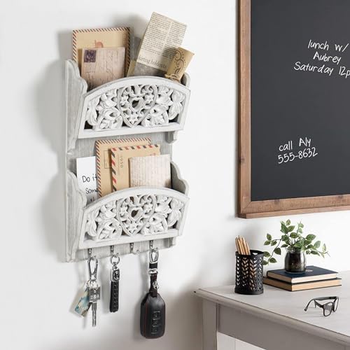 JAZUIHA Mail Organizer with Key Holder2Slot Mail Holder with 4 Key Hooks for Wall Decorative Wooden Hanging Organizer for File Letter in Shelf Home Farmhouse Decor for Entryway Office - Image 3