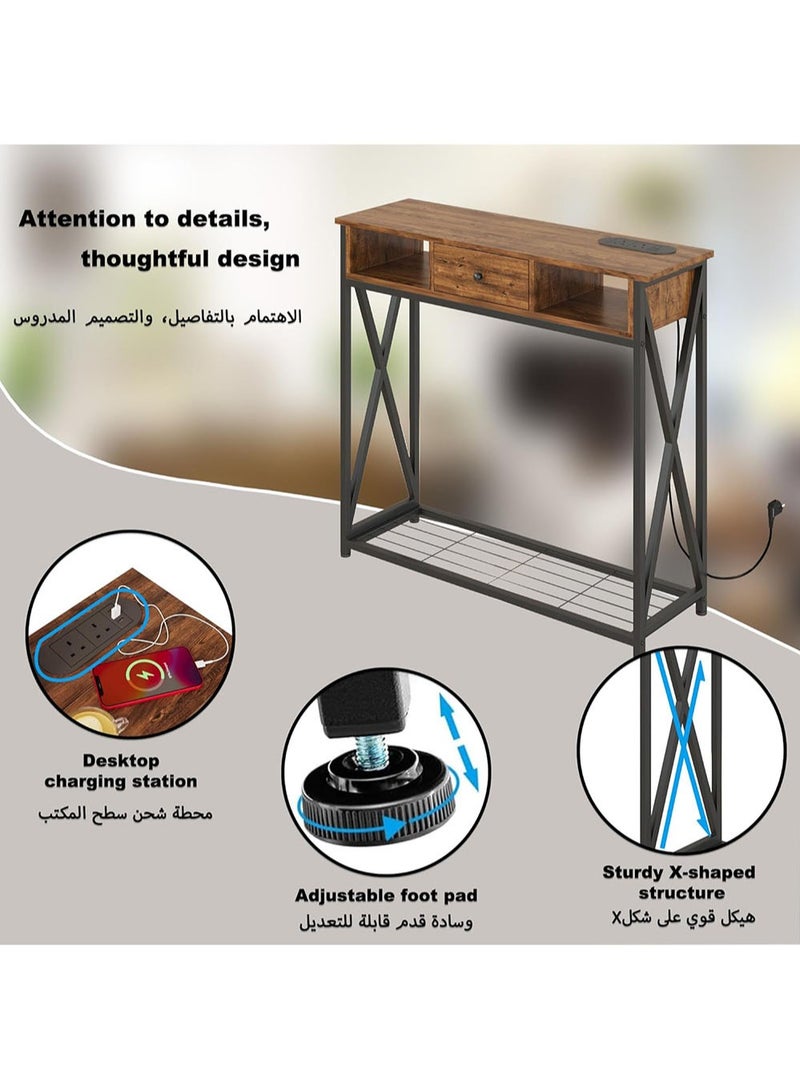 AGD Entryway Console Table with Cabinet, Distinctive Table for Living Room Bedroom 100x30x90cm with Charging Base, Modern Coffee Table with Storage Shelf, Drawers and Power Outlet, Brown - Image 4