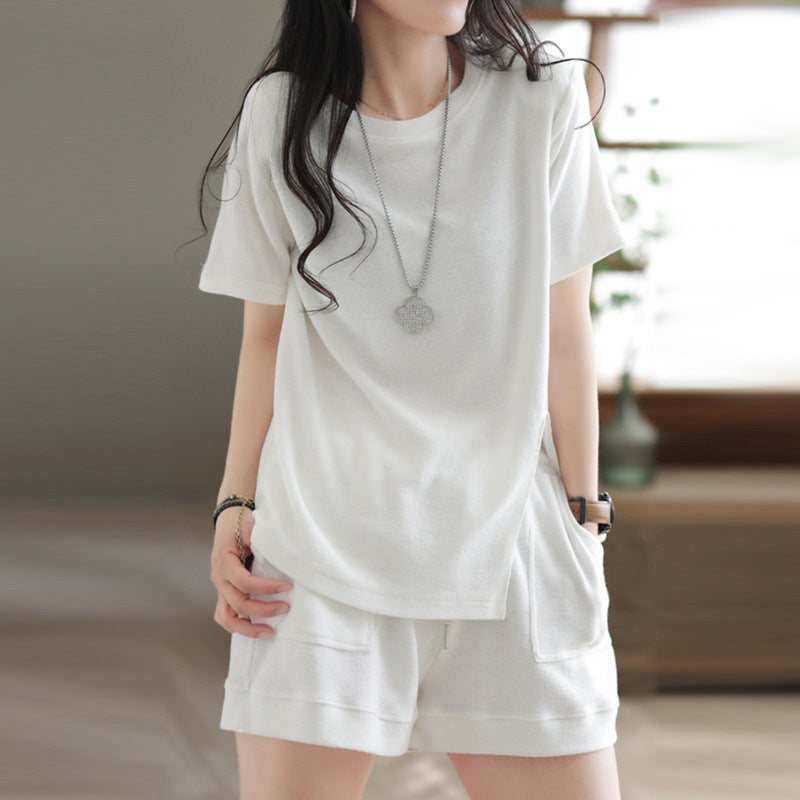 Casual sports suit womens 2023 Summer new Korean style loose running sports retro short sleeve shorts two-piece set White  - Image 1