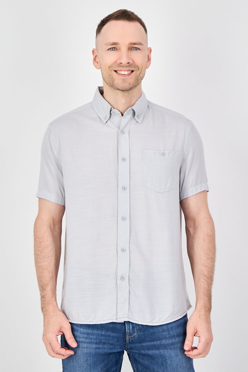 Report Collection Men Regular Fit Short Sleeve Solid Casual Shirt, Grey - Image 1