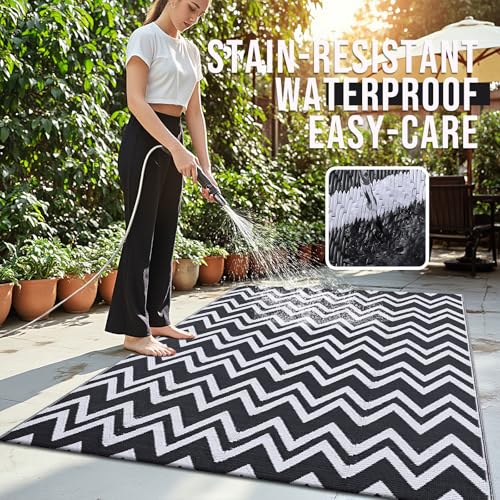 OLANLY Waterproof Outdoor Rug 5x8 ft Clearance, Reversible Outdoor Plastic Straw Rug, RV Mat, Indoor Outdoor Carpet for Patio, Camping, Balcony, Deck, Backyard, Black & White - Image 3