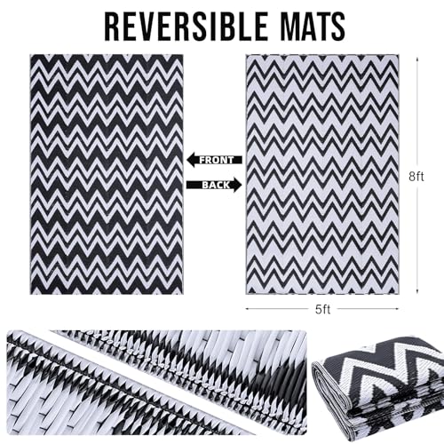 OLANLY Waterproof Outdoor Rug 5x8 ft Clearance, Reversible Outdoor Plastic Straw Rug, RV Mat, Indoor Outdoor Carpet for Patio, Camping, Balcony, Deck, Backyard, Black & White - Image 2