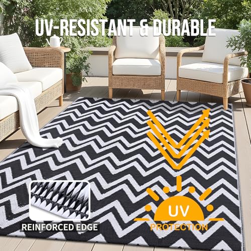 OLANLY Waterproof Outdoor Rug 5x8 ft Clearance, Reversible Outdoor Plastic Straw Rug, RV Mat, Indoor Outdoor Carpet for Patio, Camping, Balcony, Deck, Backyard, Black & White - Image 4