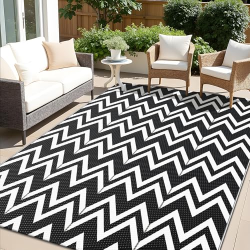 OLANLY Waterproof Outdoor Rug 5x8 ft Clearance, Reversible Outdoor Plastic Straw Rug, RV Mat, Indoor Outdoor Carpet for Patio, Camping, Balcony, Deck, Backyard, Black & White - Image 1